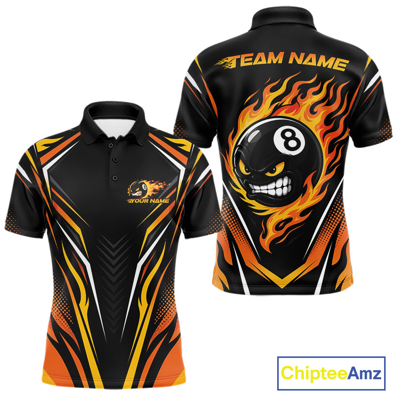Custom Black And Orange Flame Angry 8 Ball Billiards Jerseys Polo Shirt For Men IPHW11780