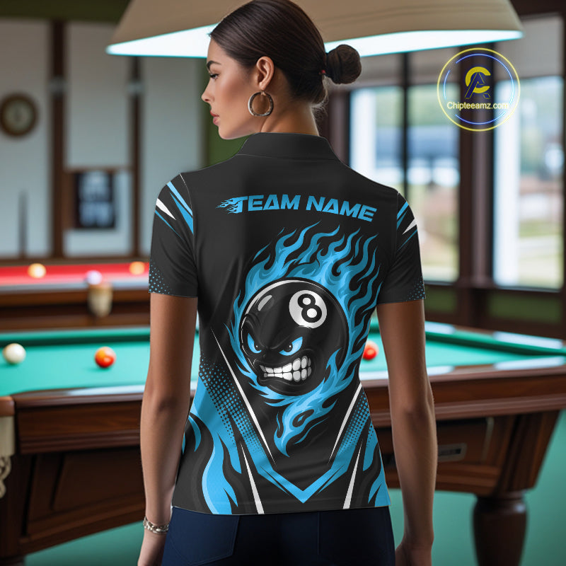 Custom Black And Blue Flame Angry 8 Ball Billiards Jerseys Polo Shirt For Women IPHW11781