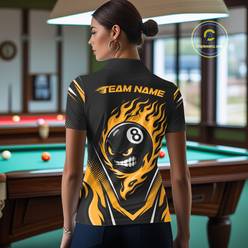Custom Black And Yellow Flame Angry 8 Ball Billiards Jerseys Polo Shirt For Women IPHW11783
