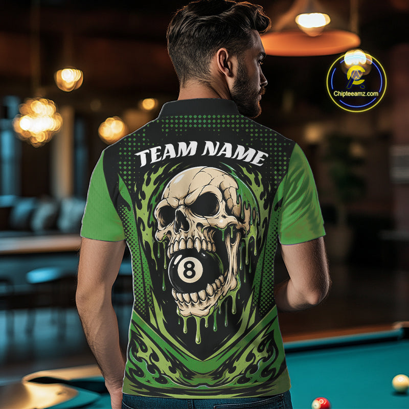 Custom Green Dripping Skull 8 Ball Halloween Billiards Men Polo Shirt, Pool Shirt IPHW11788