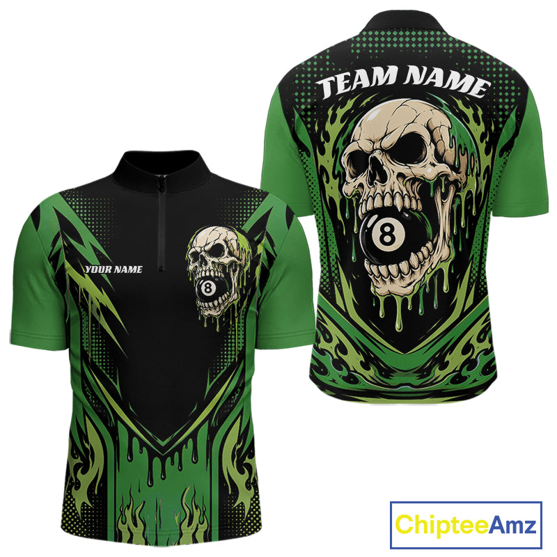 Custom Green Dripping Skull 8 Ball Halloween Billiards Men Quarter Zip Shirt, Pool Shirt IPHW11788