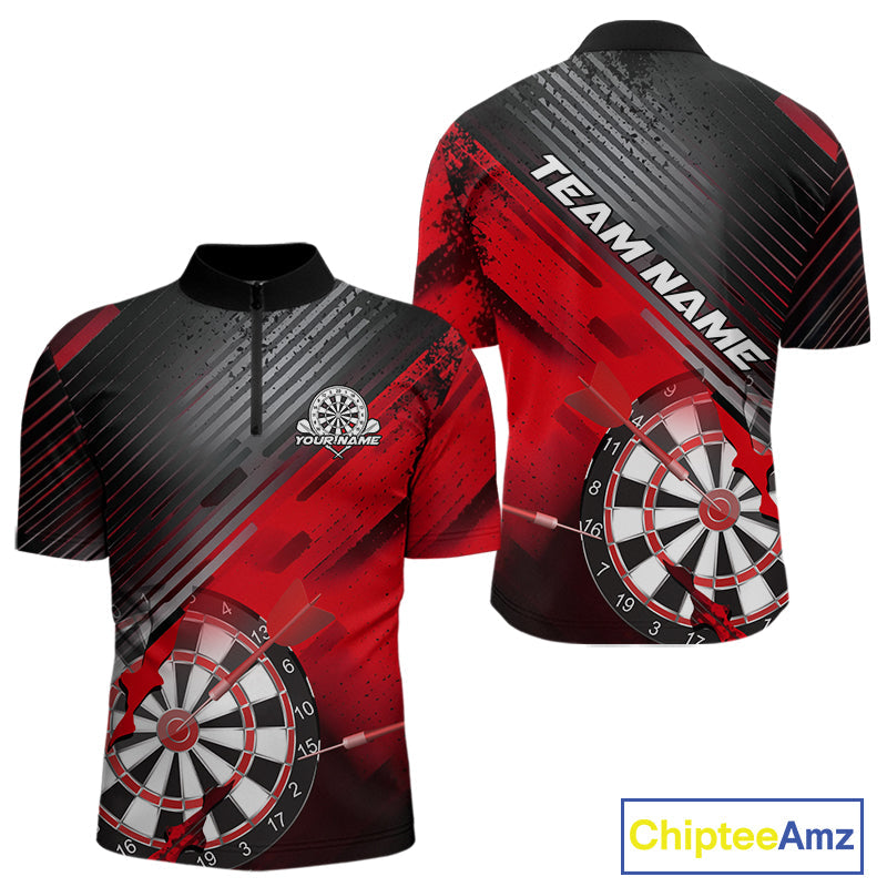 Custom Grunge Red Dartboard Dart Team Quarter-Zip Shirts For Men, Dart Players Jerseys IPHW9974