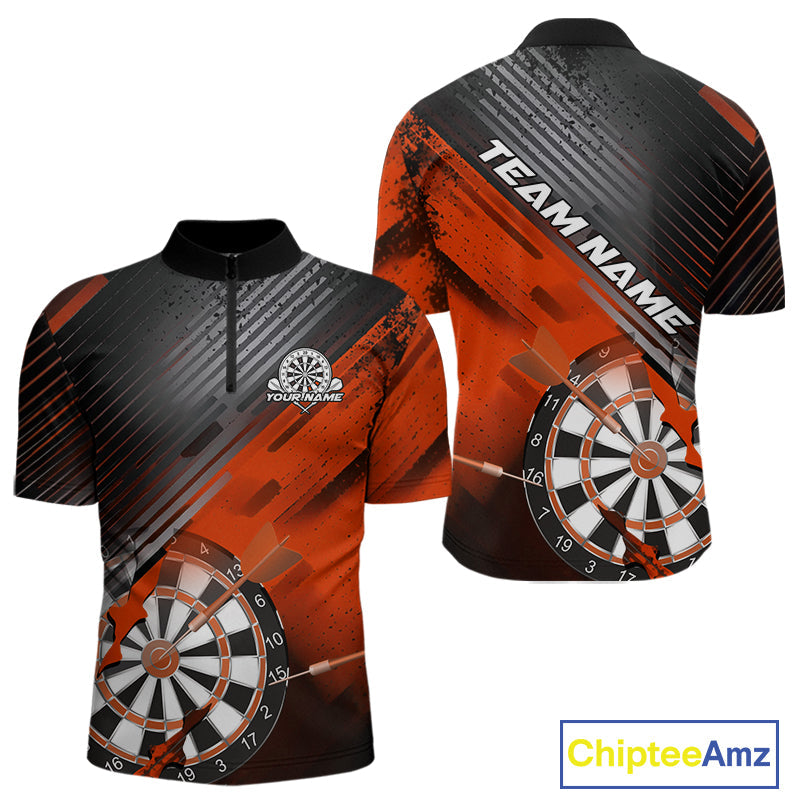 Custom Grunge Orange Dartboard Dart Team Quarter-Zip Shirts For Men, Dart Players Jerseys IPHW9976