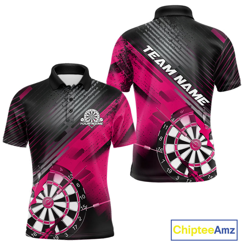 Custom Grunge Pink Dartboard Dart Team Polo Shirts For Men, Dart Players Jerseys IPHW9978
