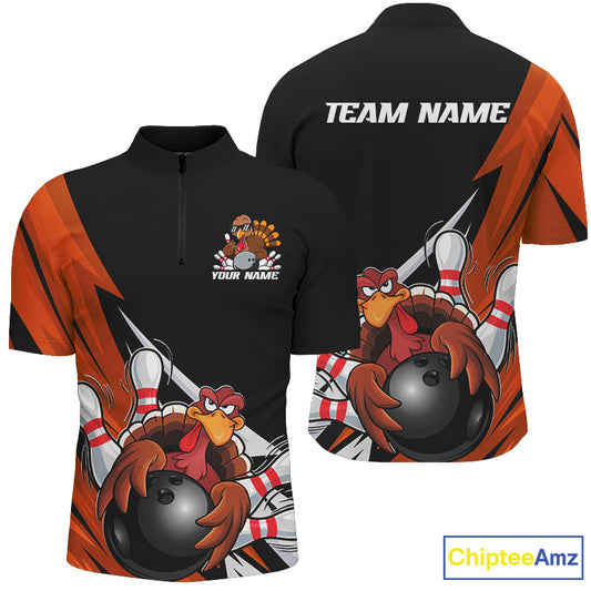 Black And Orange Custom Funny Turkey Bowling Team Shirts For Men, Thanksgiving Bowling Outfit IPHW7877