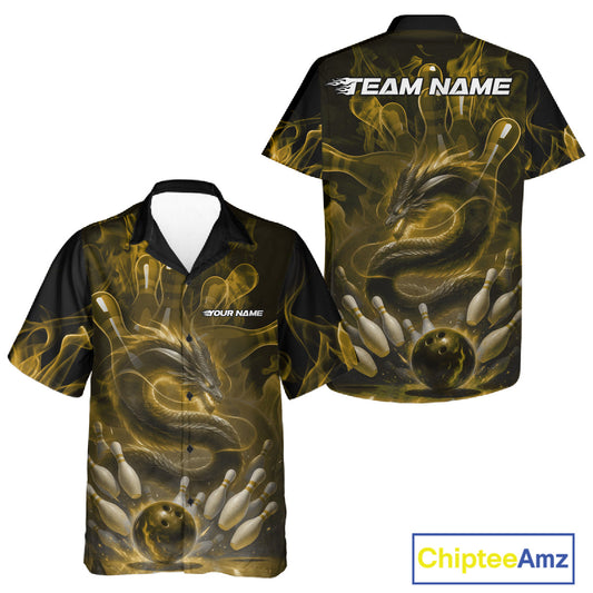 Custom Yellow Flame Dragon Bowling Men And Women Hawaiian Shirts, Dragon Bowling League Shirt IPHW10225