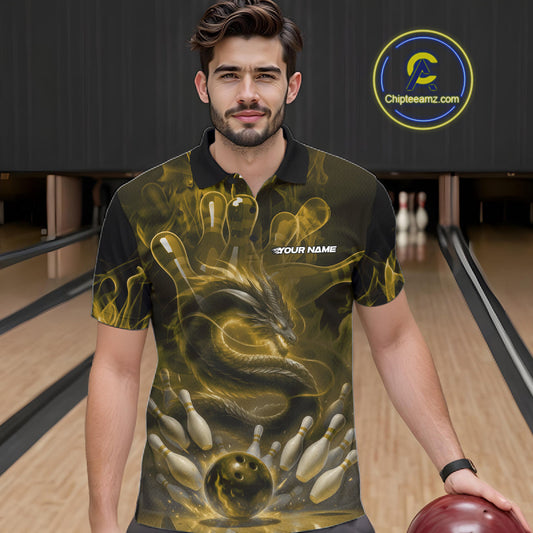 Custom Yellow Flame Dragon Bowling Men Polo Shirts, Dragon Bowling League Shirt IPHW10225