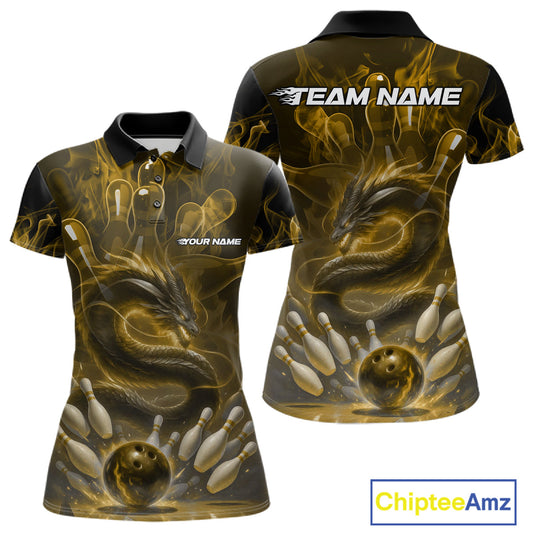 Custom Yellow Flame Dragon Bowling Women Polo Shirts, Dragon Bowling League Shirt IPHW10225