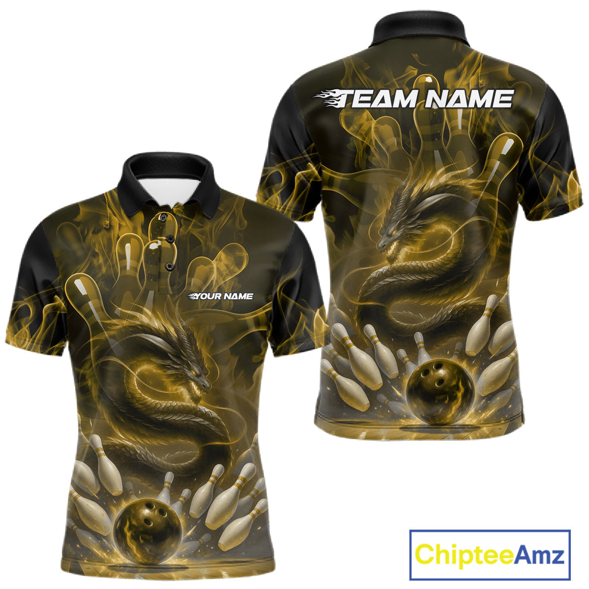 Custom Yellow Flame Dragon Bowling Men Polo Shirts, Dragon Bowling League Shirt IPHW10225