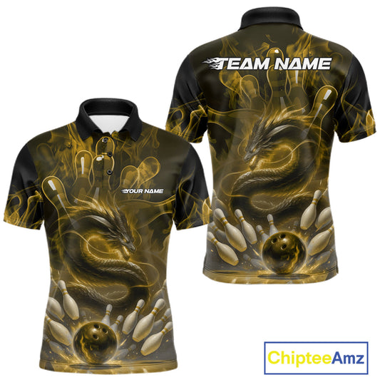Custom Yellow Flame Dragon Bowling Men Polo Shirts, Dragon Bowling League Shirt IPHW10225
