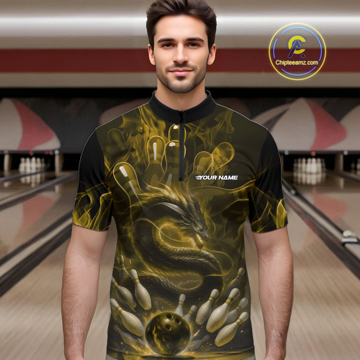 Custom Yellow Flame Dragon Bowling Men Quarter-Zip Shirts, Dragon Bowling League Shirt IPHW10225