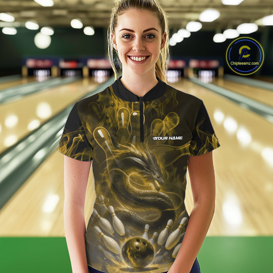 Custom Yellow Flame Dragon Bowling Women Quarter-Zip Shirts, Dragon Bowling League Shirt IPHW10225