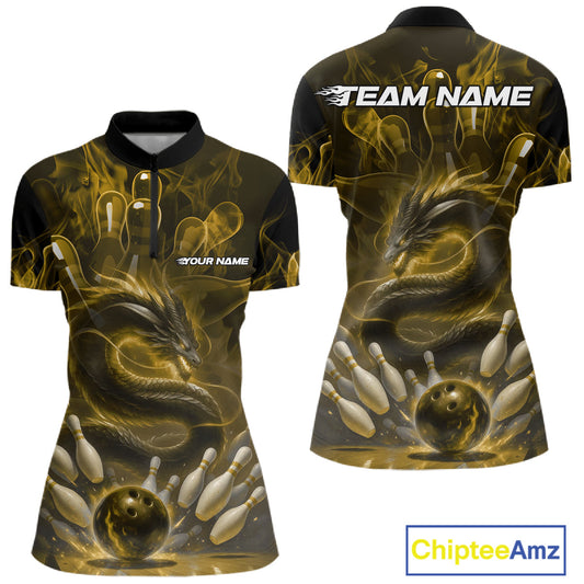 Custom Yellow Flame Dragon Bowling Women Quarter-Zip Shirts, Dragon Bowling League Shirt IPHW10225