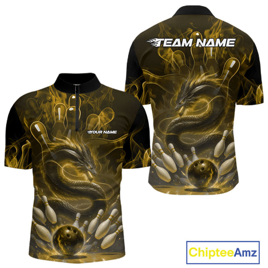 Custom Yellow Flame Dragon Bowling Men Quarter-Zip Shirts, Dragon Bowling League Shirt IPHW10225