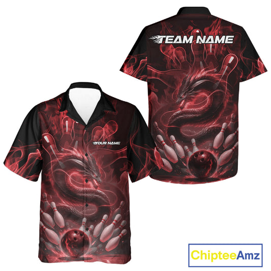 Custom Red Flame Dragon Bowling Men And Women Hawaiian Shirts, Dragon Bowling League Shirt IPHW10226