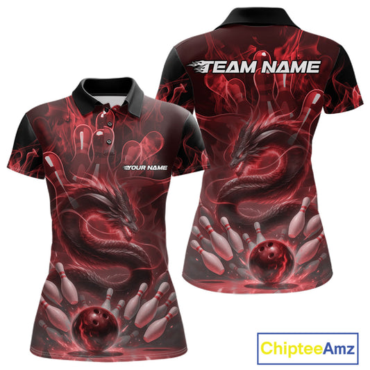 Custom Red Flame Dragon Bowling Women Polo Shirts, Dragon Bowling League Shirt IPHW10226