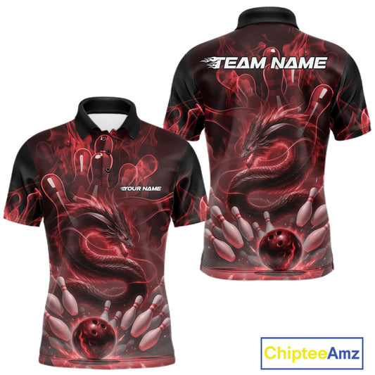 Custom Red Flame Dragon Bowling Men Polo Shirts, Dragon Bowling League Shirt IPHW10226