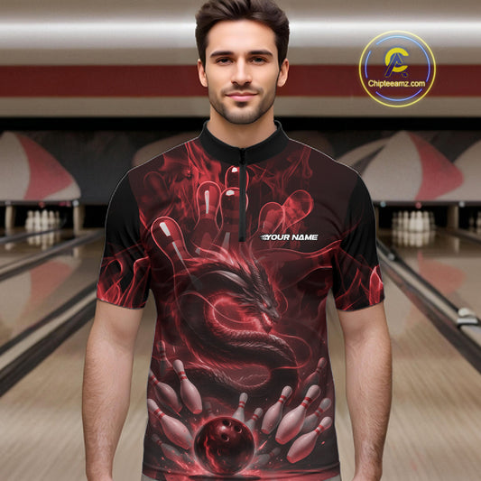 Custom Red Flame Dragon Bowling Men Quarter-Zip Shirts, Dragon Bowling League Shirt IPHW10226