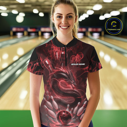 Custom Red Flame Dragon Bowling Women Quarter-Zip Shirts, Dragon Bowling League Shirt IPHW10226