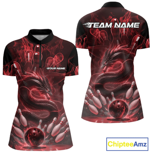 Custom Red Flame Dragon Bowling Women Quarter-Zip Shirts, Dragon Bowling League Shirt IPHW10226