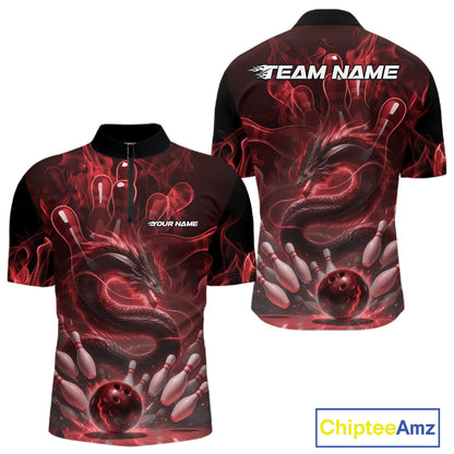 Custom Red Flame Dragon Bowling Men Quarter-Zip Shirts, Dragon Bowling League Shirt IPHW10226