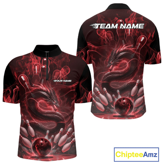 Custom Red Flame Dragon Bowling Men Quarter-Zip Shirts, Dragon Bowling League Shirt IPHW10226