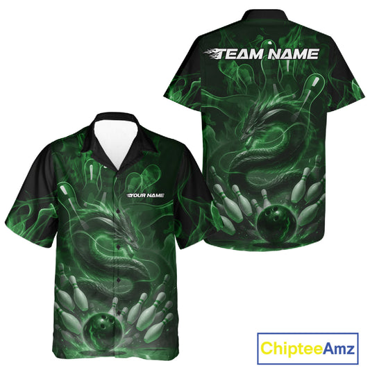 Custom Green Flame Dragon Bowling Men And Women Hawaiian Shirts, Dragon Bowling League Shirt IPHW10228