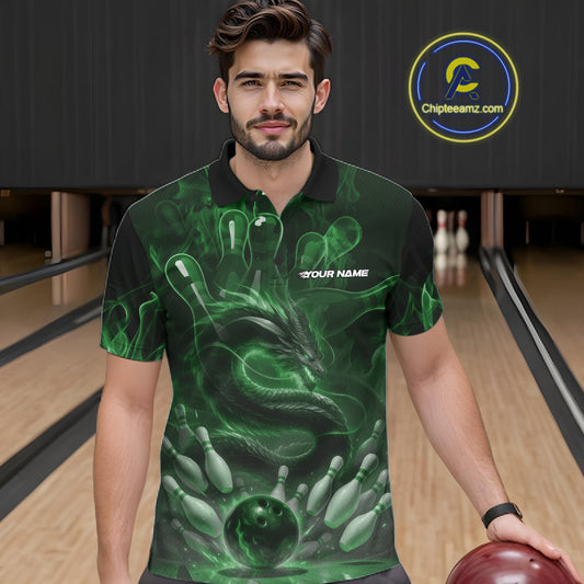 Custom Green Flame Dragon Bowling Men Polo Shirts, Dragon Bowling League Shirt IPHW10228