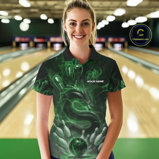 Custom Green Flame Dragon Bowling Women Polo Shirts, Dragon Bowling League Shirt IPHW10228
