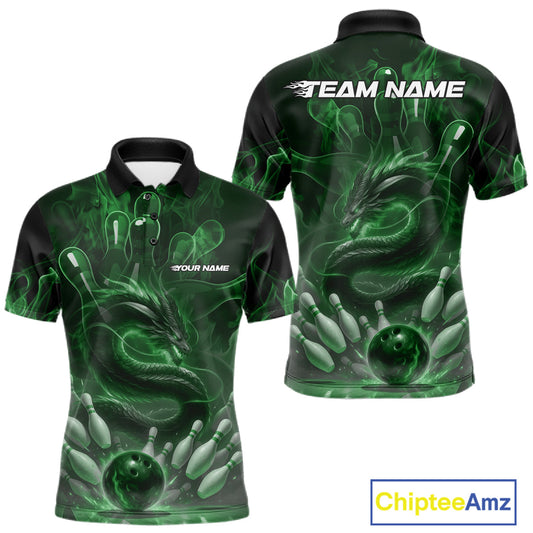 Custom Green Flame Dragon Bowling Men Polo Shirts, Dragon Bowling League Shirt IPHW10228