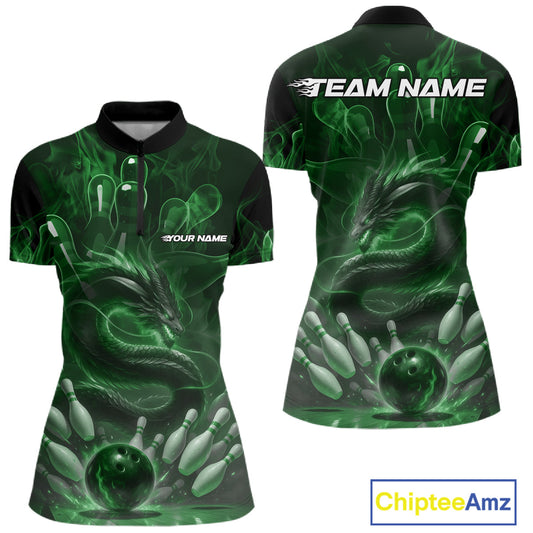 Custom Green Flame Dragon Bowling Women Quarter-Zip Shirts, Dragon Bowling League Shirt IPHW10228