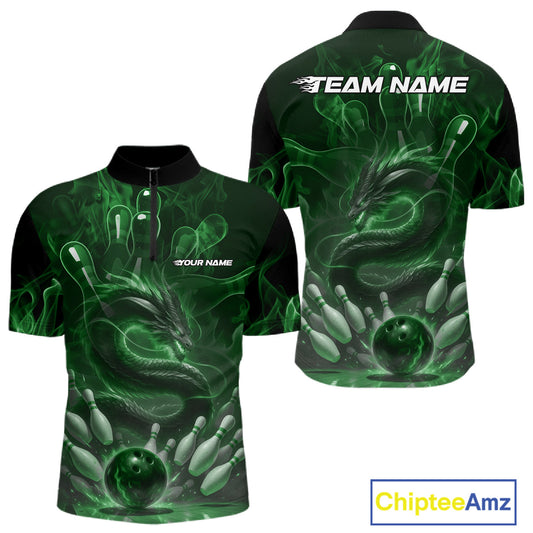 Custom Green Flame Dragon Bowling Men Quarter-Zip Shirts, Dragon Bowling League Shirt IPHW10228