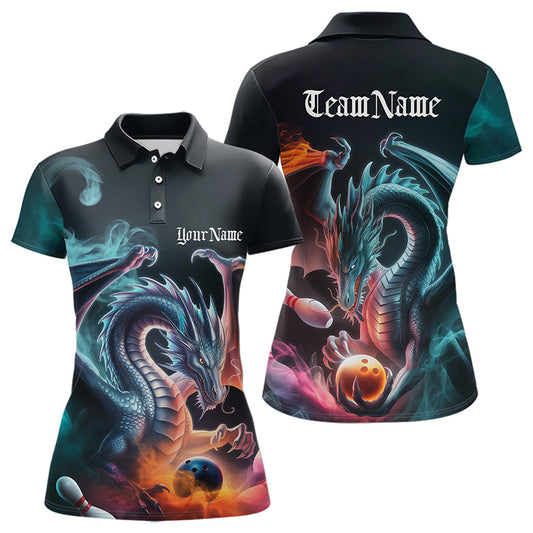 Blue Smoke Custom Dragon Bowling Team Polo Shirt For Women, Dragon Bowling Tournament Shirt IPHW8322