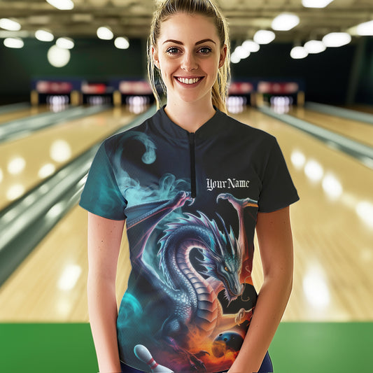 Blue Smoke Custom Dragon Bowling Team Quarter-Zip Shirt For Women, Bowling Tournament Shirt IPHW8322