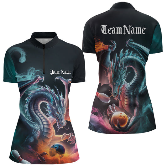 Blue Smoke Custom Dragon Bowling Team Quarter-Zip Shirt For Women, Bowling Tournament Shirt IPHW8322