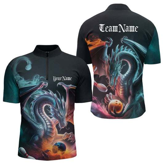 Blue Smoke Custom Dragon Bowling Team Quarter-Zip Shirts For Men, Dragon Bowling Tournament Shirt IPHW8322