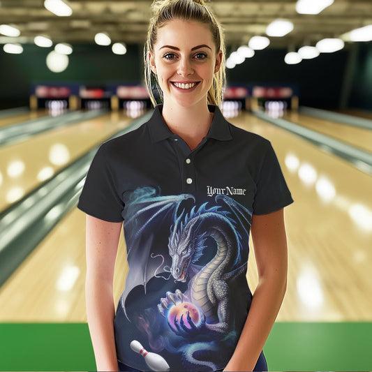 Blue Smoke Custom Dragon Bowling Team Polo Shirt For Women, Dragon Bowling Tournament Shirt IPHW8323