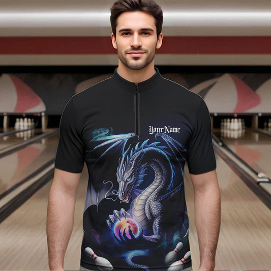 Blue Smoke Custom Dragon Bowling Team Quarter-Zip Shirts For Men, Dragon Bowling Tournament Shirt IPHW8323