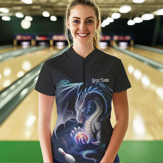 Blue Smoke Custom Dragon Bowling Team Quarter-Zip Shirt For Women, Bowling Tournament Shirt IPHW8323