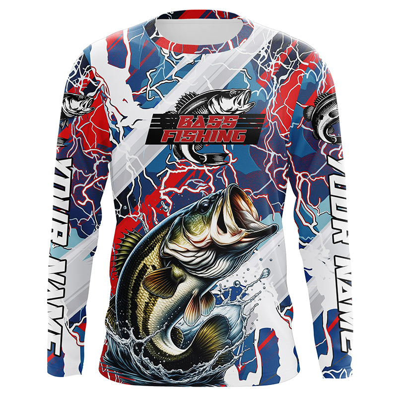 Red, White And Blue Lightning Camo Custom Largemouth Bass Long Sleeve Tournament Fishing Shirts IPHW6029