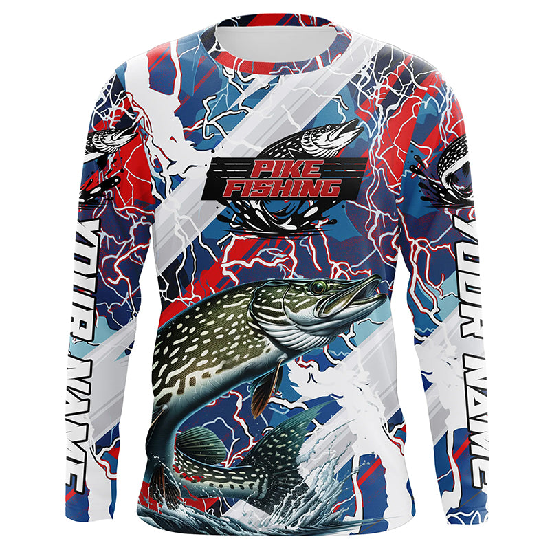 Red, White And Blue Lightning Camo Custom Pike Long Sleeve Tournament Fishing Shirts IPHW6030