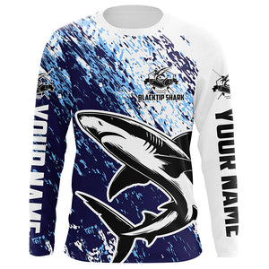 Custom Blacktip Shark Fishing Jerseys, Shark Fishing Long Sleeve Performance Shirts | Blue IPHW6298