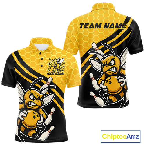 Custom Black And Yellow Bee Bowling Men Polo Shirts, Honeycomb Bowling Team Shirt IPHW9044