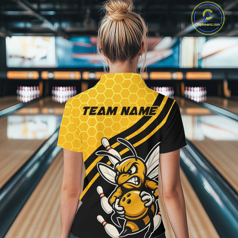 Custom Black And Yellow Bee Bowling Women Quarter-Zip Shirt, Honeycomb Bowling Team Shirt IPHW9044