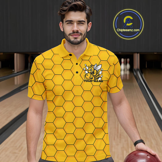 Custom Honeycomb Pattern Bee Bowling Team Men Polo Shirts, Bowling League Shirts IPHW9045