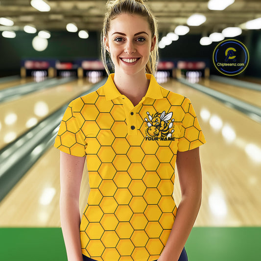 Custom Honeycomb Pattern Bee Bowling Team Women Polo Shirts, Bowling League Shirts IPHW9045