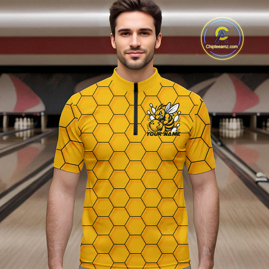 Custom Honeycomb Pattern Bee Bowling Team Men Quarter-Zip Shirts, Bowling League Shirts IPHW9045