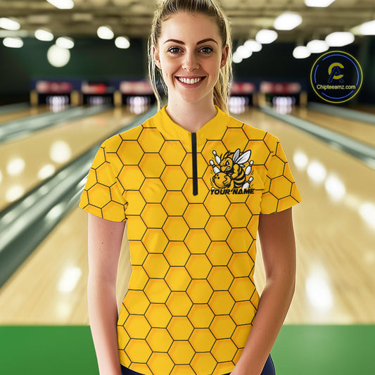 Custom Honeycomb Pattern Bee Bowling Team Women Quarter-Zip Shirts, Bowling League Shirts IPHW9045