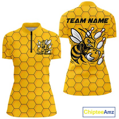 Custom Honeycomb Pattern Bee Bowling Team Women Quarter-Zip Shirts, Bowling League Shirts IPHW9045