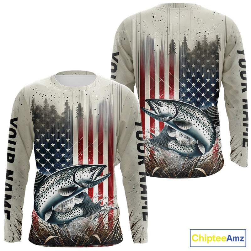 Custom Patriotic US Flag  Speckled Trout Long Sleeve Fishing Shirts, Trout Fishing Jerseys IPHW9295